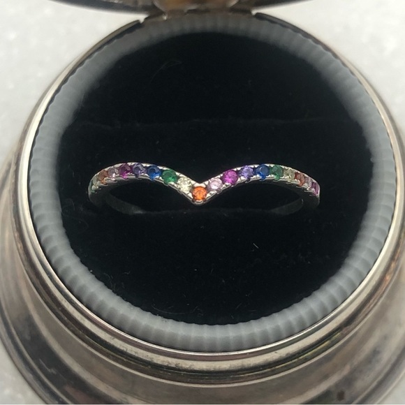 Vtg sterling rainbow multi gem stone chevron V ring sz 6.75 - Picture 10 of 15